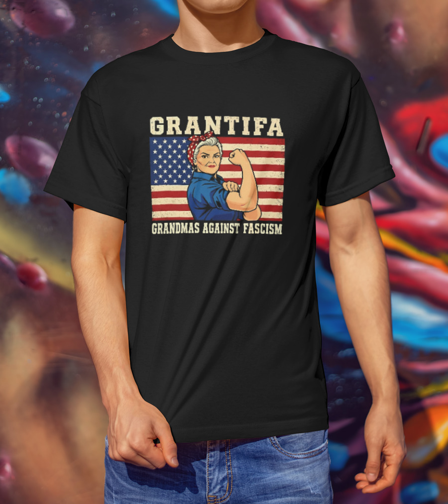 Grantifa Grandmas Against Fascism Rosie Riveter USA Flag T-Shirt