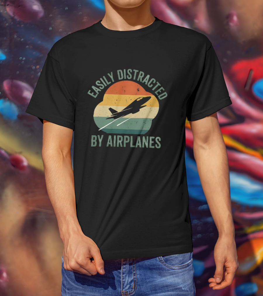 Easily Distracted By Airplanes Retro Jet Vintage Stripes T-Shirt