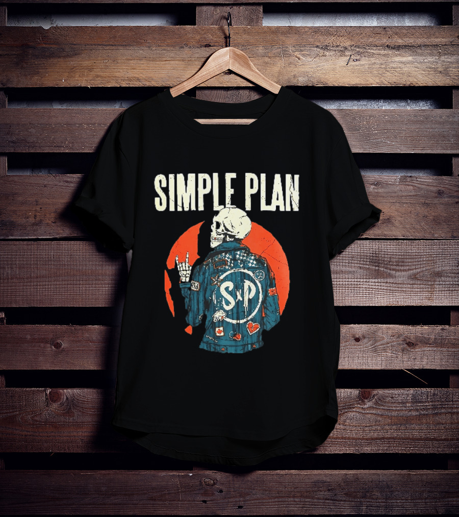 Simple Plan Just A Kid 1999 Skeleton Rock Sign SP Denim Jacket Distressed T-Shirt