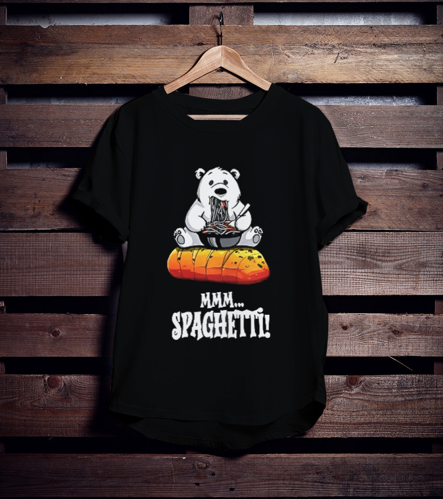 Mmm Spaghetti Cartoon Polar Bear Enjoying Pasta On Garlic Bread T-Shirt
