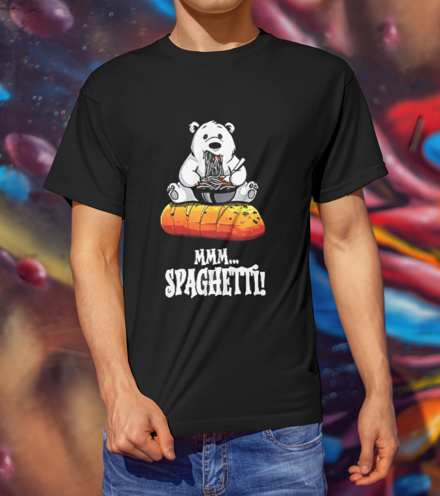 Mmm Spaghetti Cartoon Polar Bear Enjoying Pasta On Garlic Bread T-Shirt