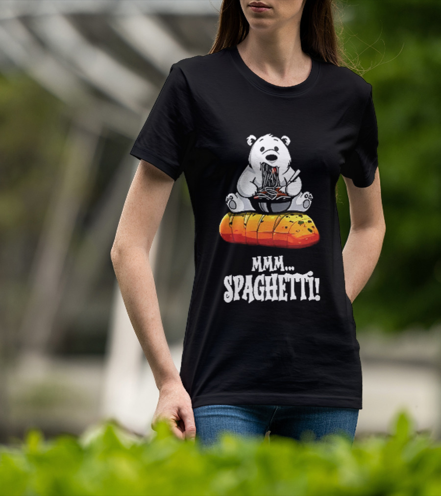 Mmm Spaghetti Cartoon Polar Bear Enjoying Pasta On Garlic Bread T-Shirt