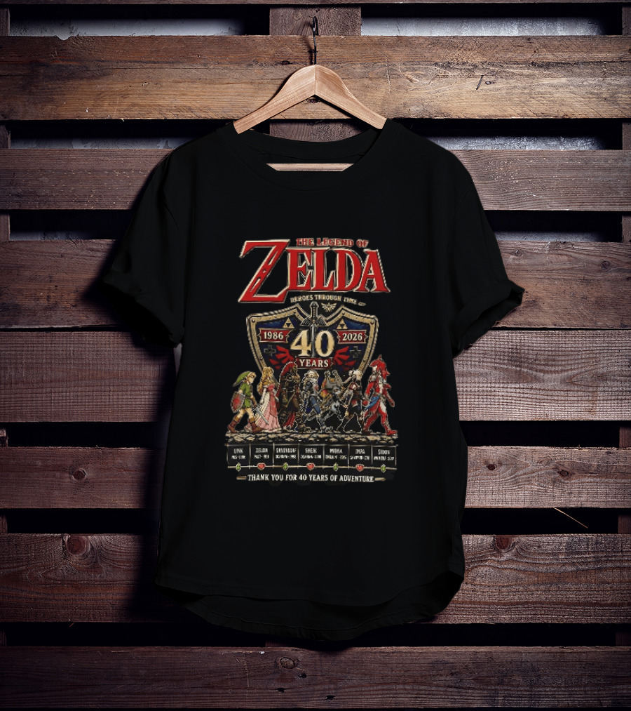The Legend Of Zelda Heroes Through Time 1986 2026 40 Years Thank You For 40 Years Of Adventure Link Zelda Ganondorf Sheik Midna Impa Sidon T-Shirt