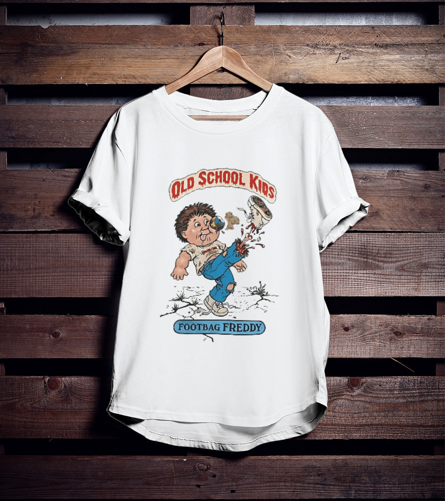 Old School Kids Footbag Freddy Cartoon Caricature Boy Kicking Shoe T-Shirt