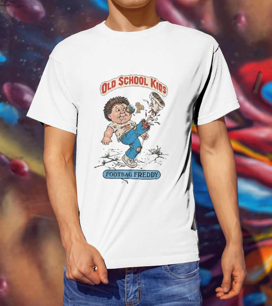 Old School Kids Footbag Freddy Cartoon Caricature Boy Kicking Shoe T-Shirt
