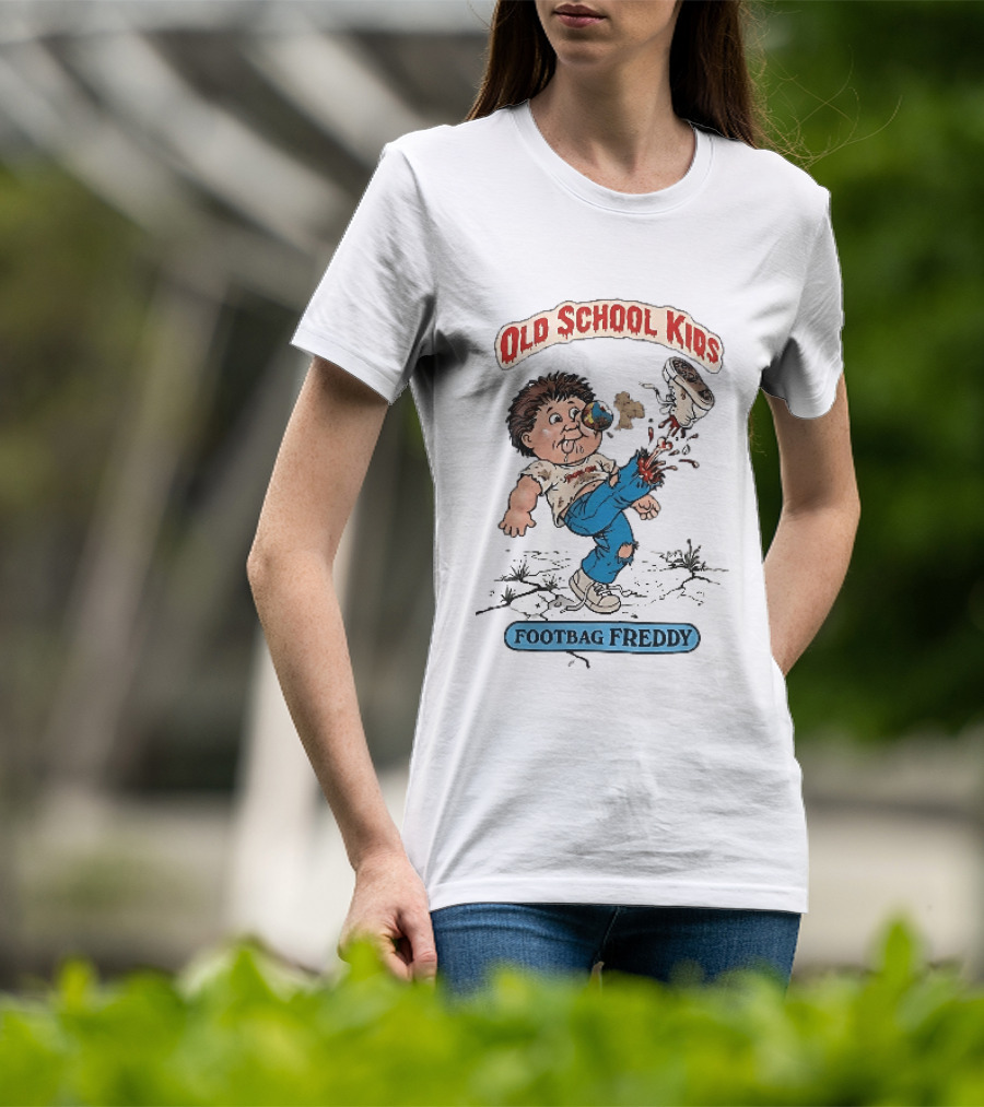 Old School Kids Footbag Freddy Cartoon Caricature Boy Kicking Shoe T-Shirt