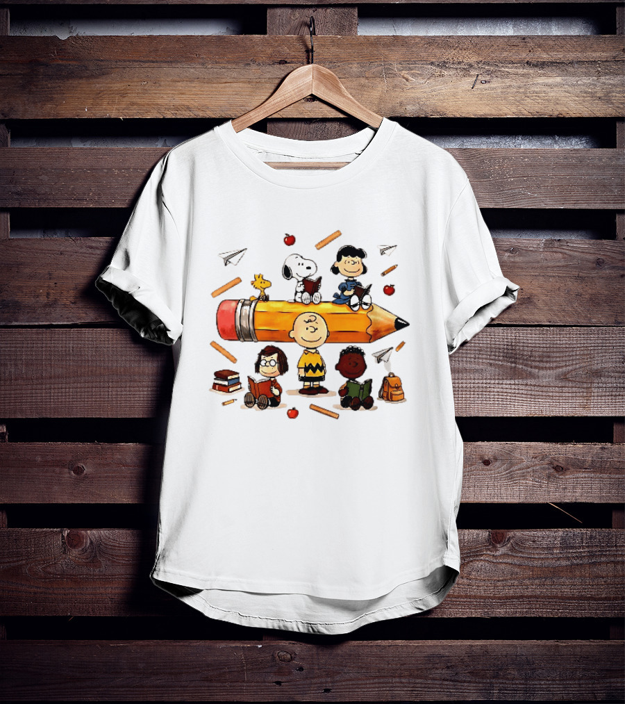 Charlie's Giant Pencil Peanuts Cartoon School Supplies Snoopy Woodstock T-Shirt