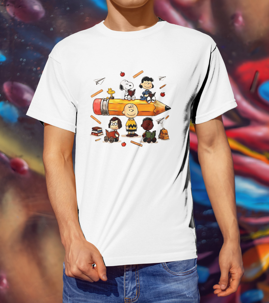 Charlie's Giant Pencil Peanuts Cartoon School Supplies Snoopy Woodstock T-Shirt