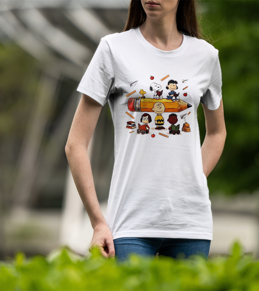 Charlie's Giant Pencil Peanuts Cartoon School Supplies Snoopy Woodstock T-Shirt