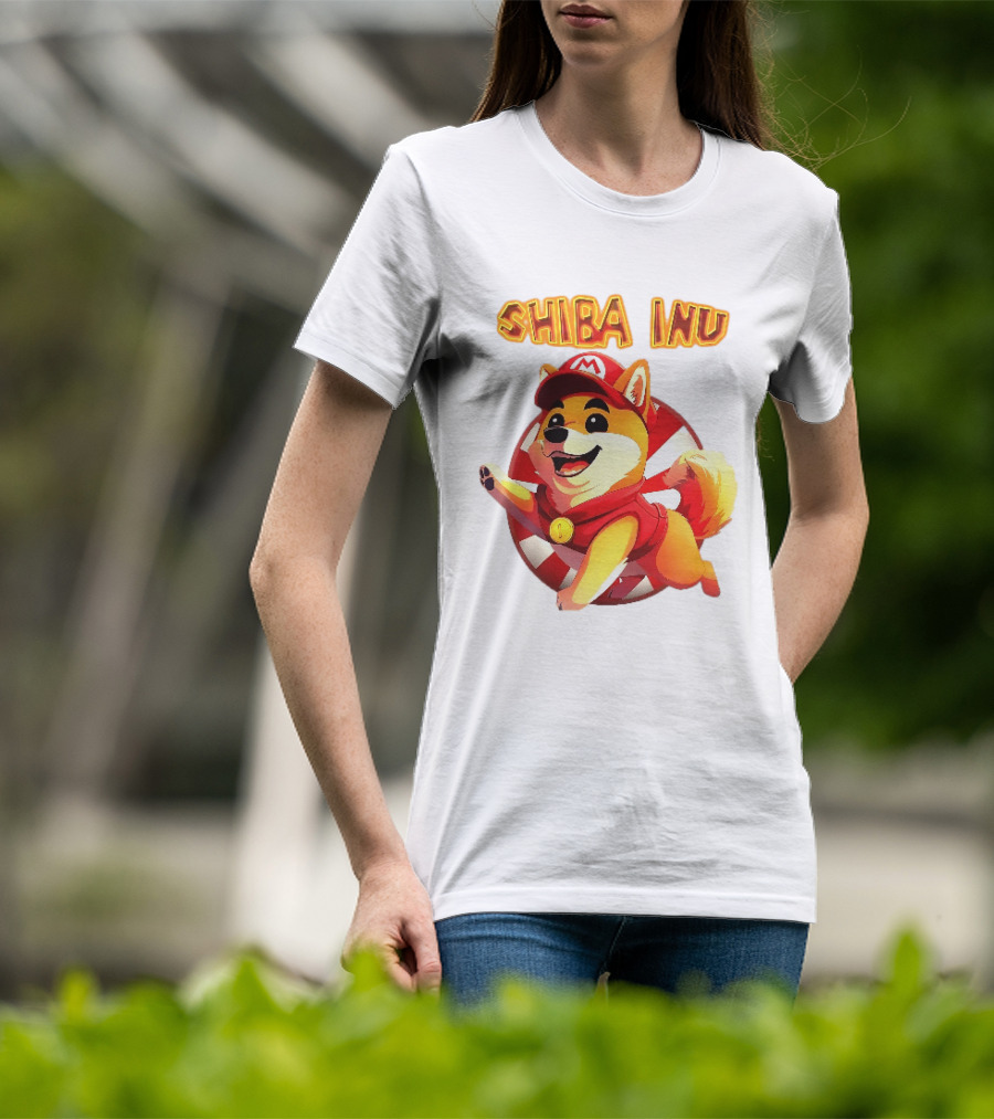 Shiba Inu Cartoon Dog Mario Red Cap Vest Running Striped T-Shirt