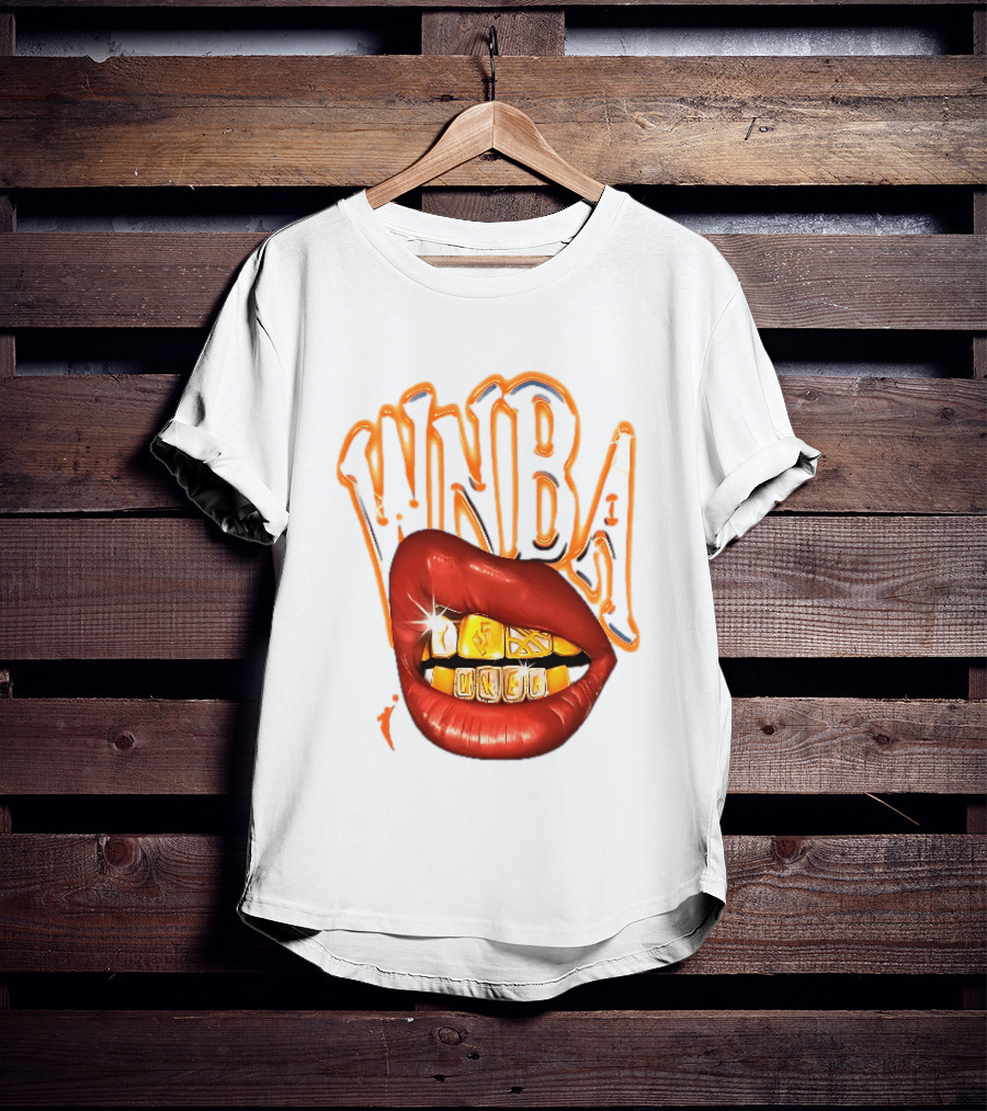 WNBA Red Lips Gold Teeth Grillz Glowing Chrome Lettering T-Shirt