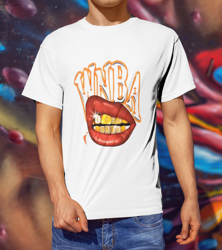 WNBA Red Lips Gold Teeth Grillz Glowing Chrome Lettering T-Shirt