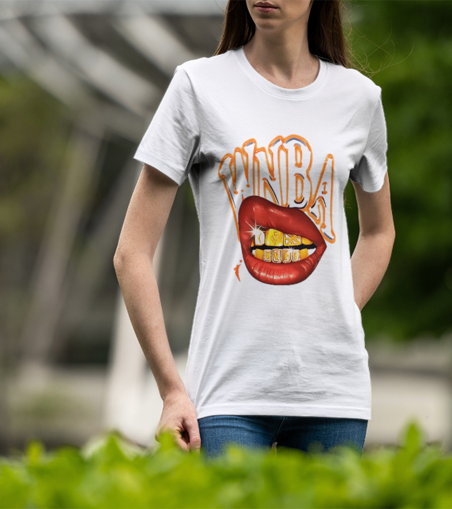 WNBA Red Lips Gold Teeth Grillz Glowing Chrome Lettering T-Shirt