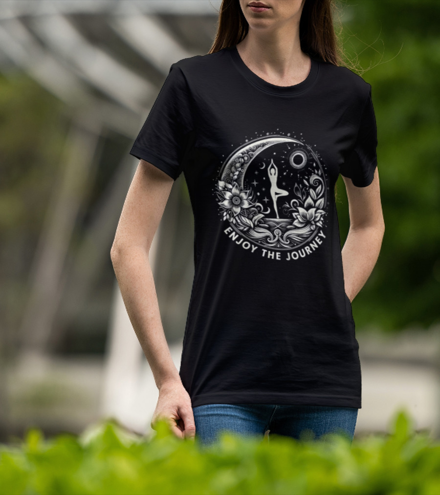 Enjoy The Journey Yoga Tree Pose Mandala Moon Sun Floral Surround T-Shirt