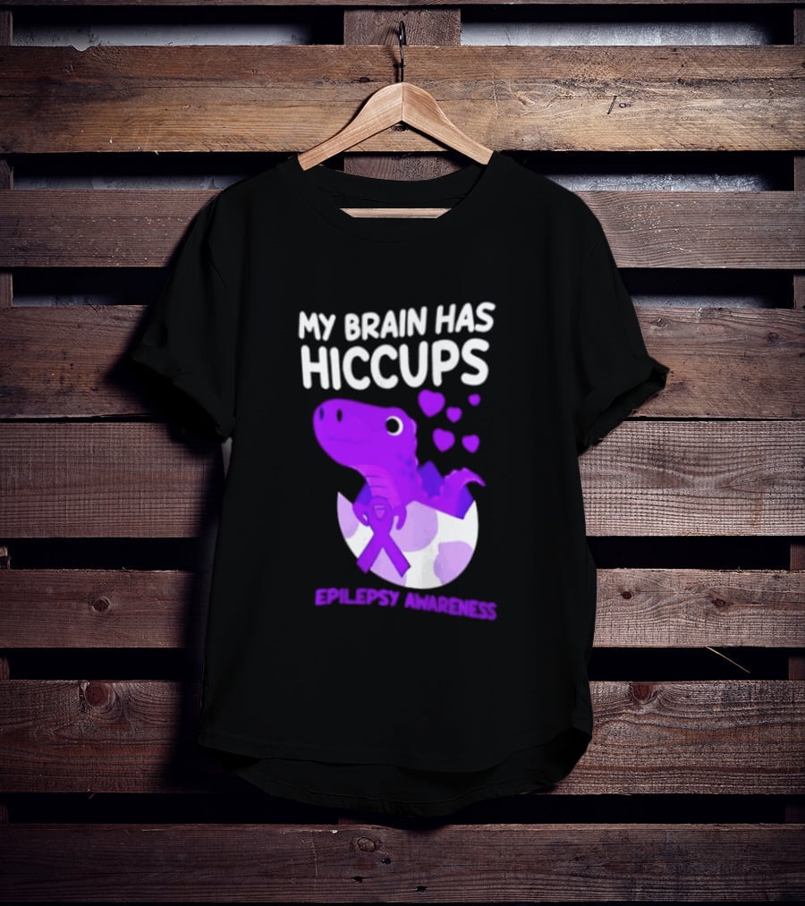 My Brain Has Hiccups Epilepsy Awareness Dinosaur Purple Ribbon Eggshell Hearts T-Shirt