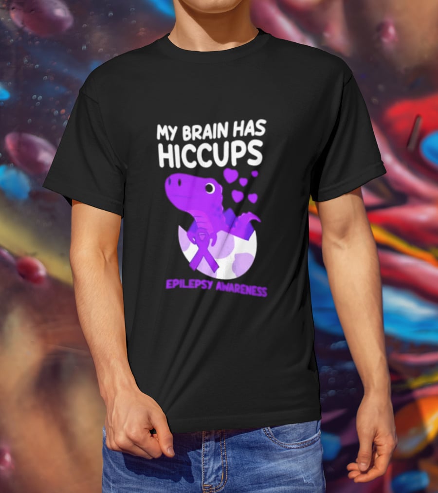 My Brain Has Hiccups Epilepsy Awareness Dinosaur Purple Ribbon Eggshell Hearts T-Shirt