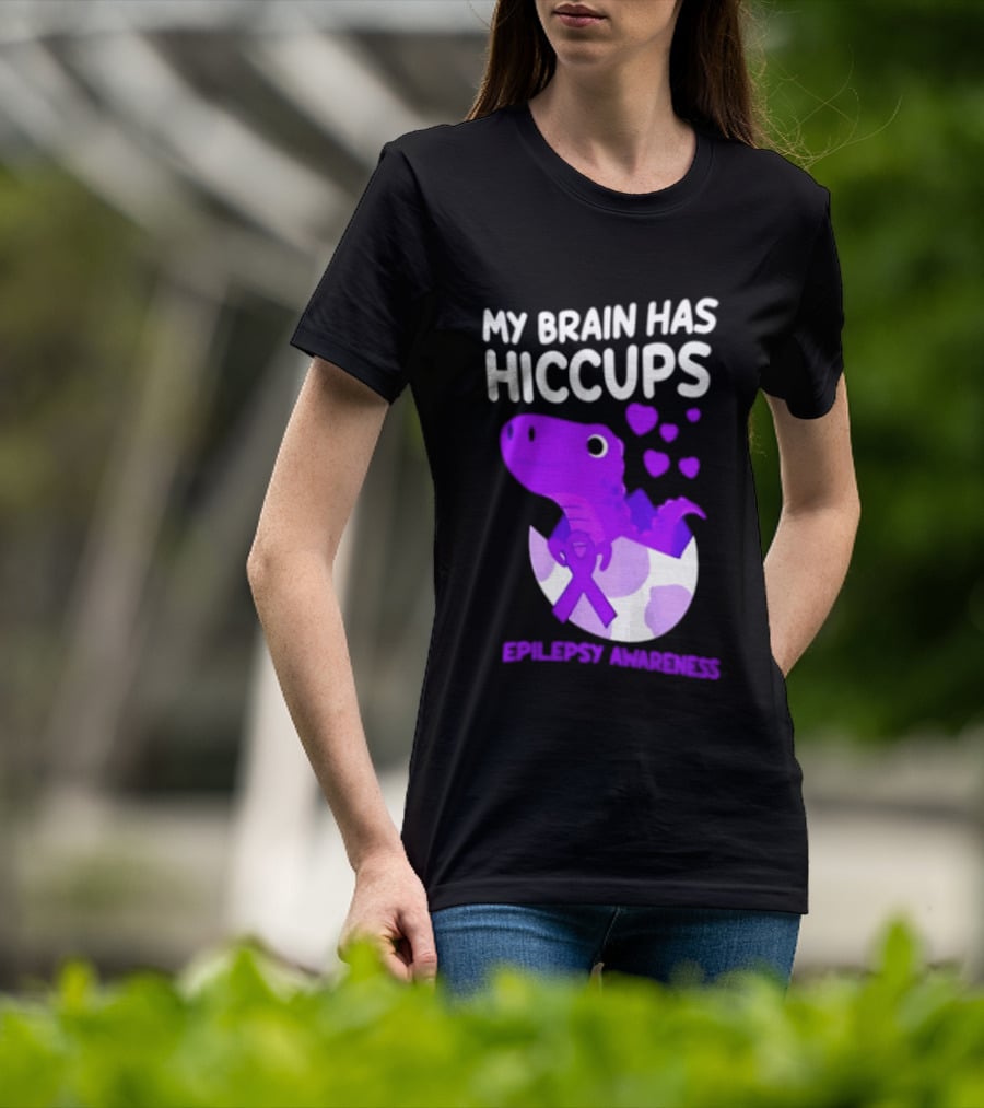 My Brain Has Hiccups Epilepsy Awareness Dinosaur Purple Ribbon Eggshell Hearts T-Shirt