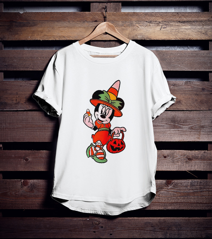 Disney Minnie Mouse Halloween Witch With Candy Corn And Pumpkin Bucket T-Shirt