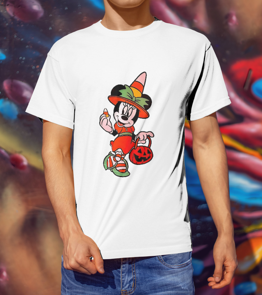 Disney Minnie Mouse Halloween Witch With Candy Corn And Pumpkin Bucket T-Shirt
