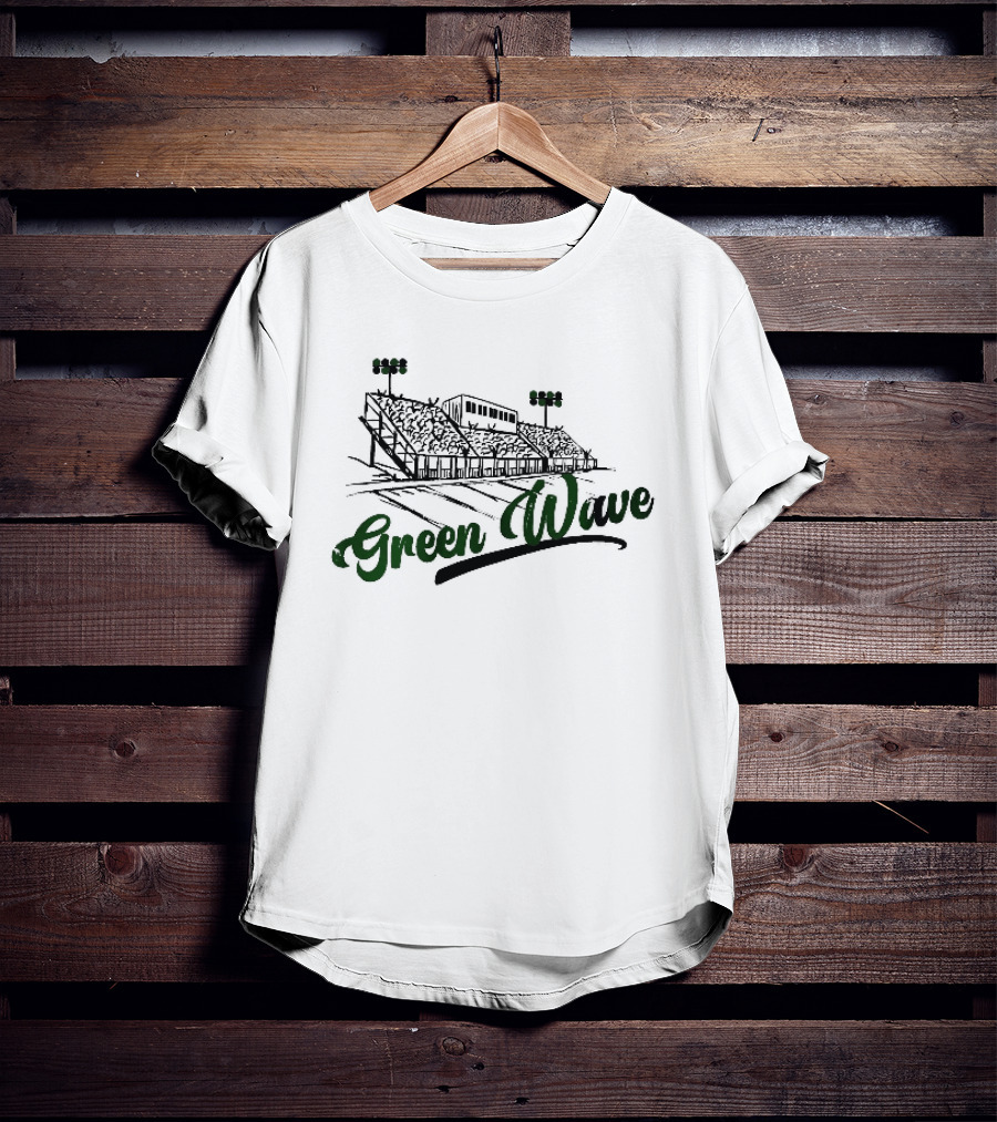 Green Wave Football Stadium Bleachers With Light Poles Sketch T-Shirt