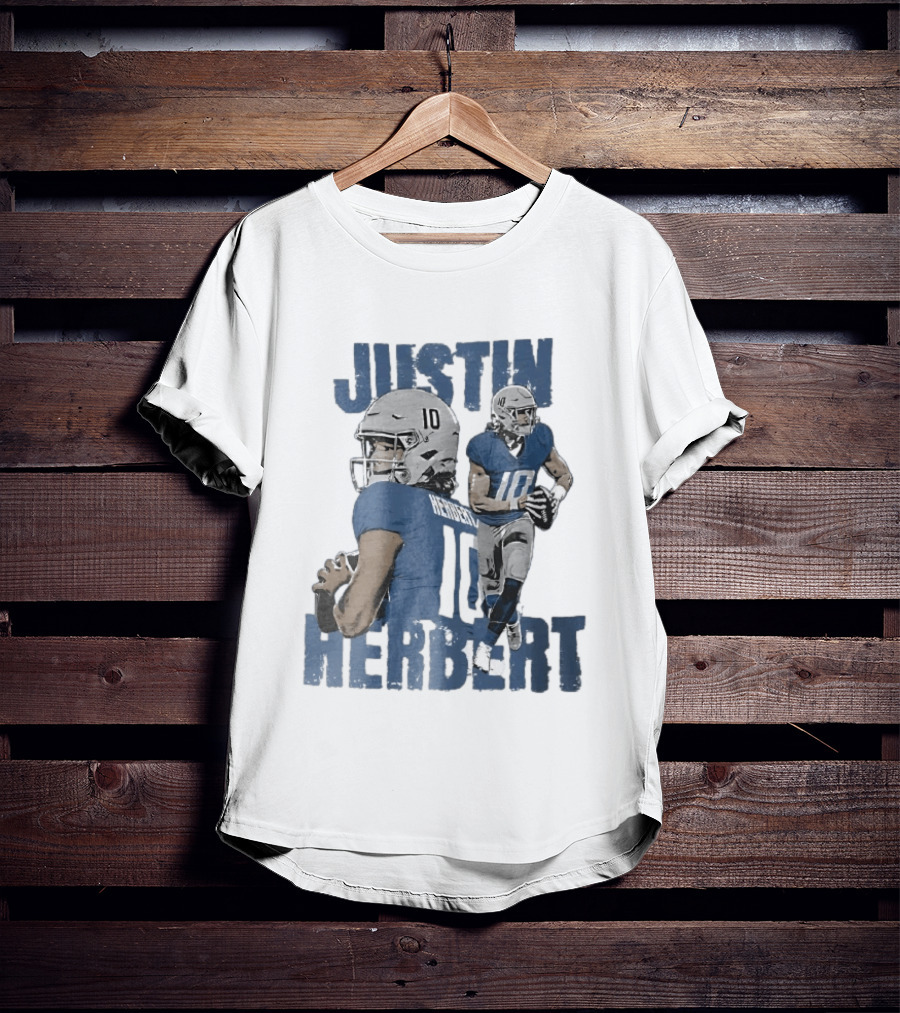 Justin Herbert Quarterback Action Photo Collage Blue Distressed T-Shirt