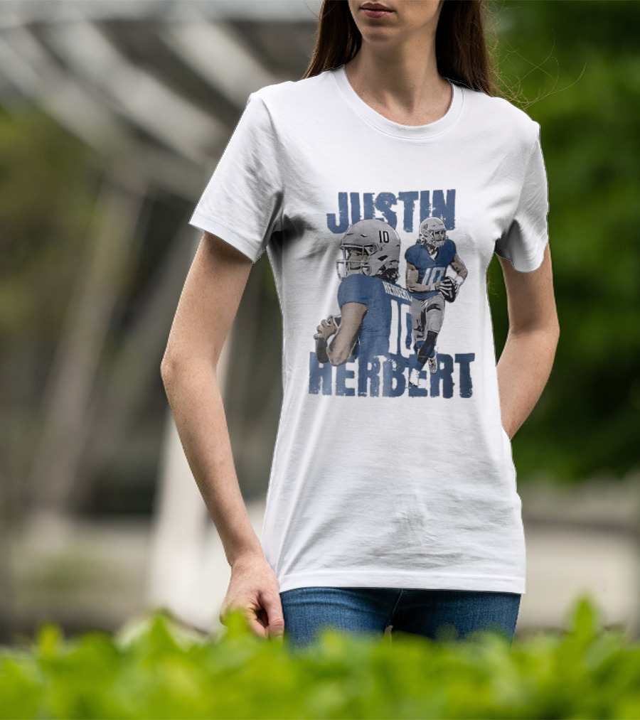 Justin Herbert Quarterback Action Photo Collage Blue Distressed T-Shirt
