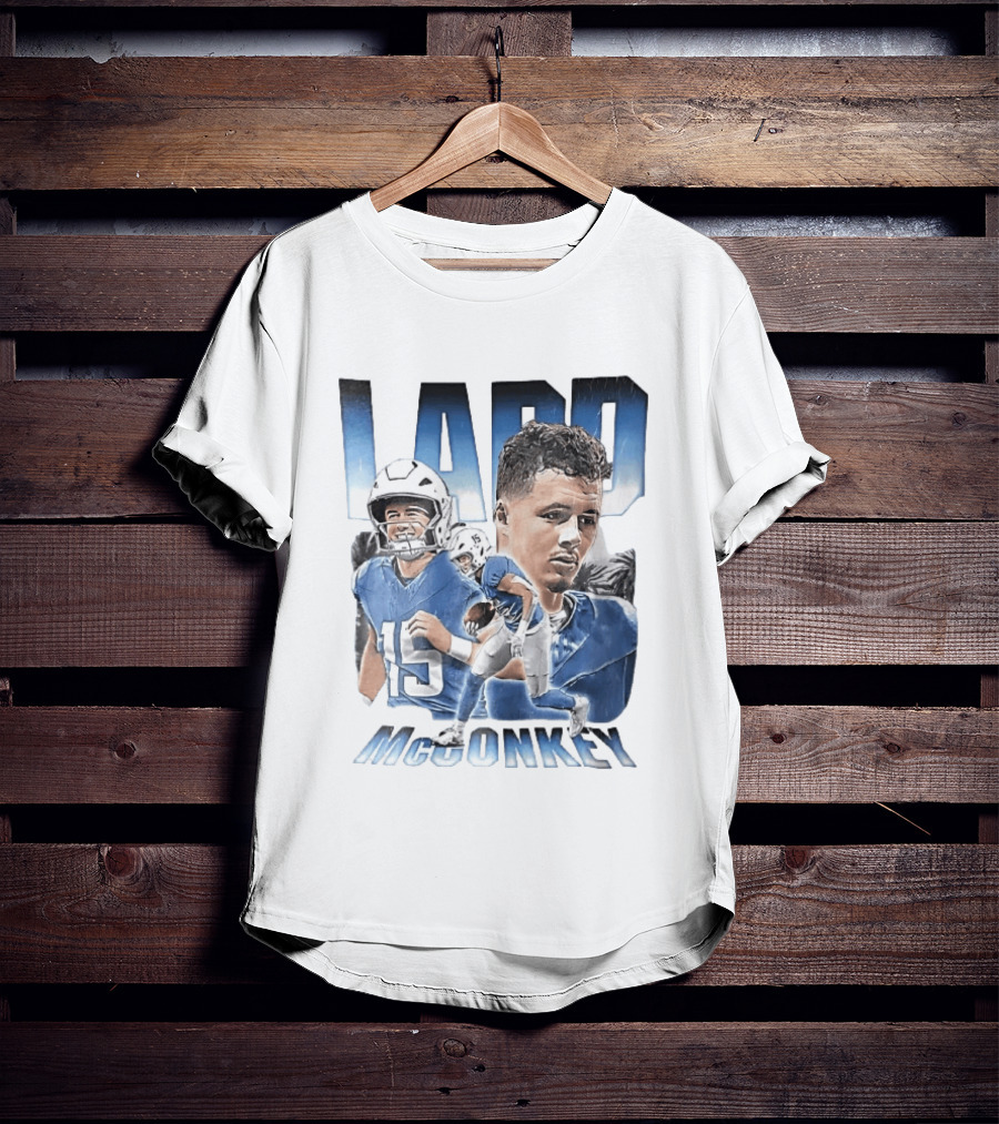 Ladd McConkey Number 15 Football Player Blue Jersey Collage T-Shirt