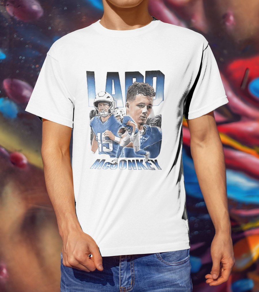 Ladd McConkey Number 15 Football Player Blue Jersey Collage T-Shirt