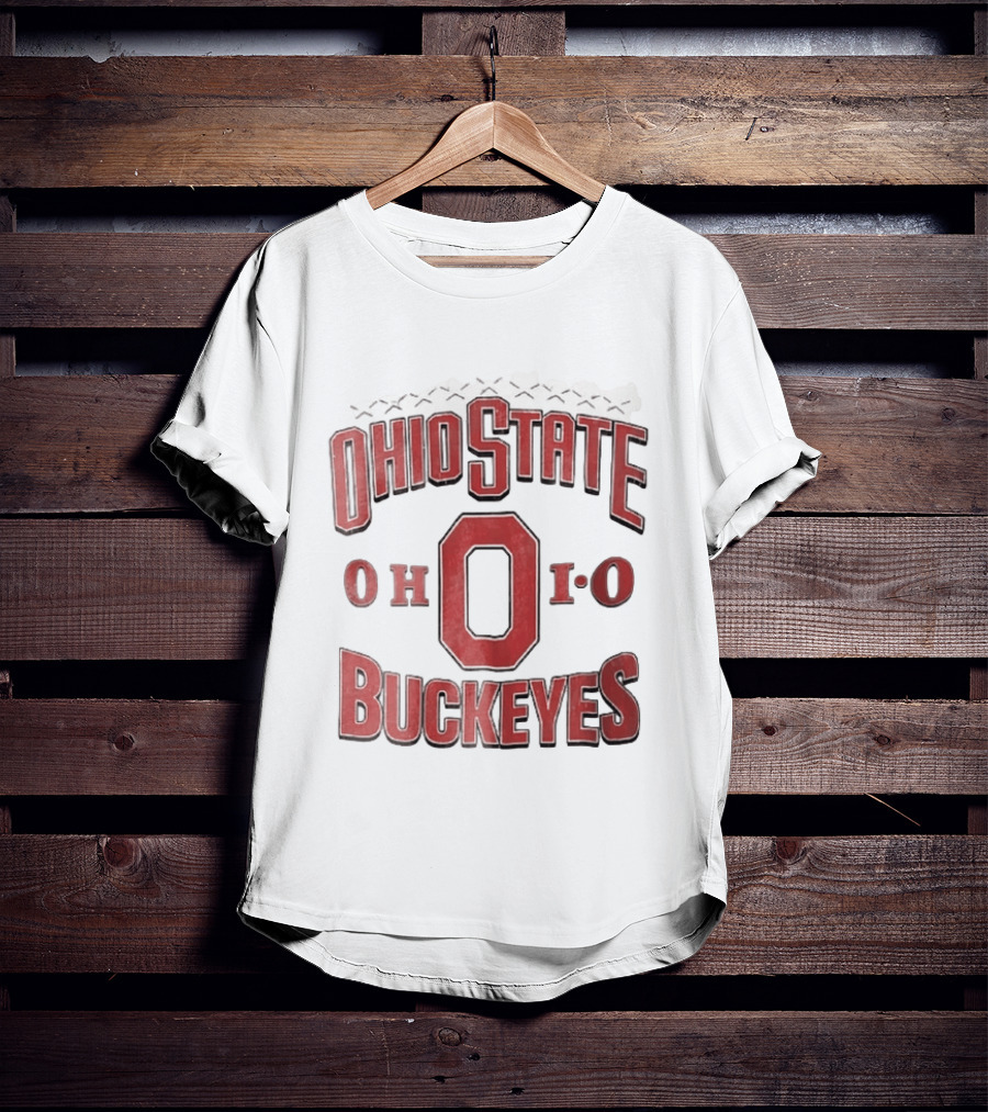 Ohio State Buckeyes NCAA Ohio Block Letter Red Football Laces Arch T-Shirt