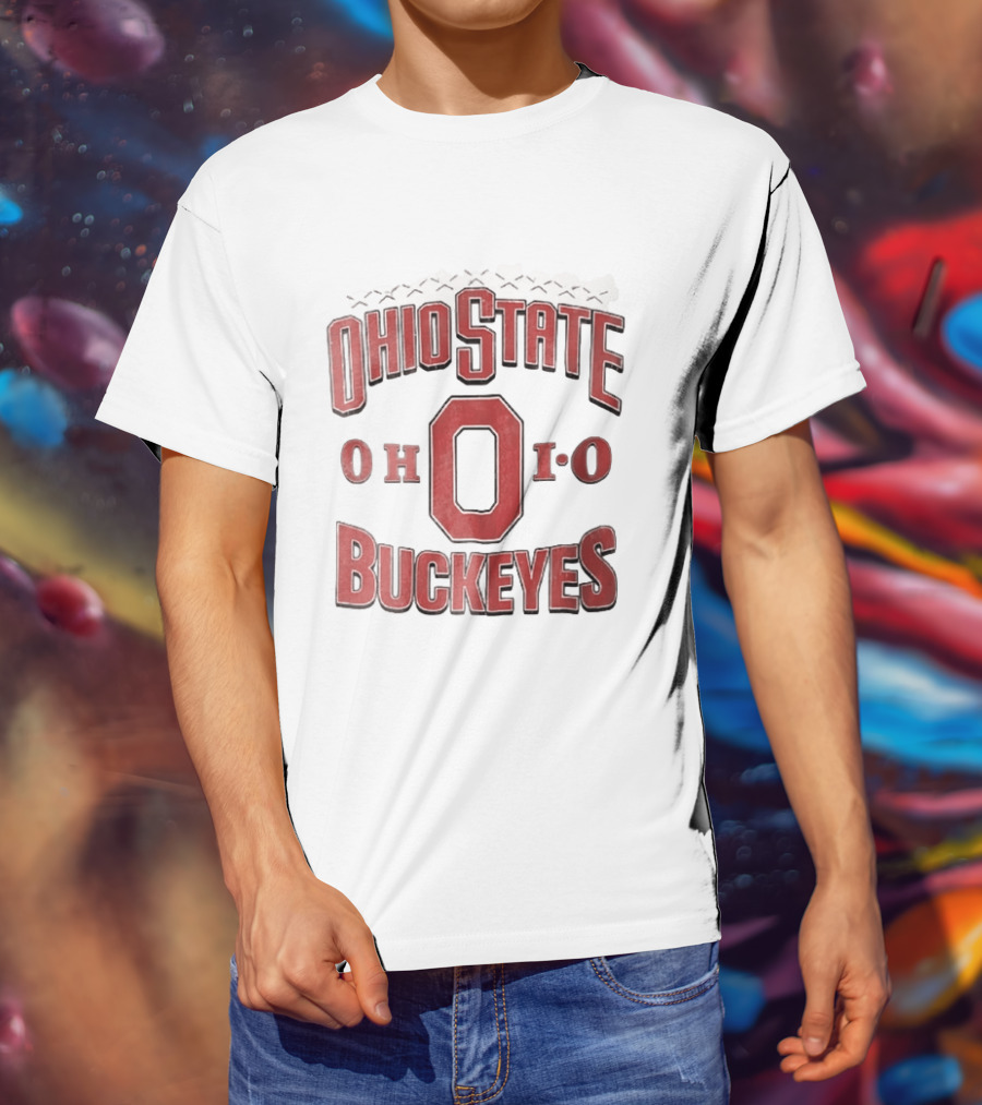 Ohio State Buckeyes NCAA Ohio Block Letter Red Football Laces Arch T-Shirt