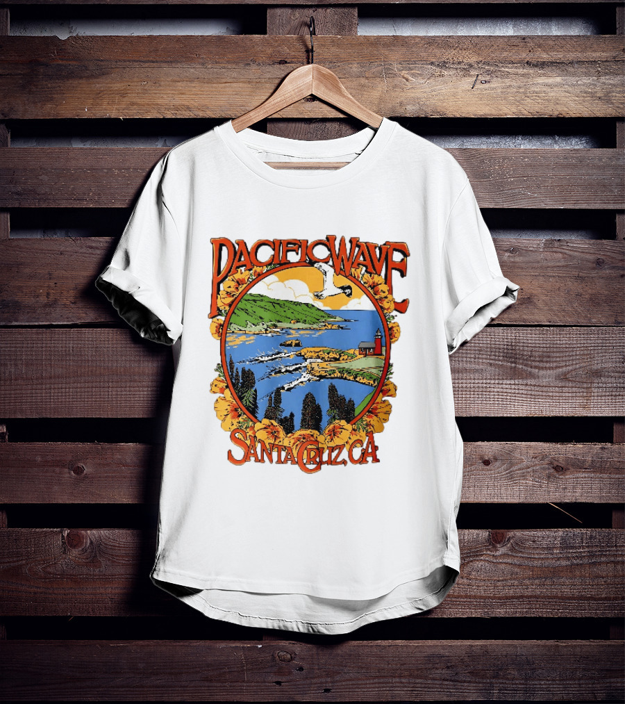 Pacific Wave Santa Cruz CA Coastal Lighthouse Ocean Seagull Flowers Scenic T-Shirt