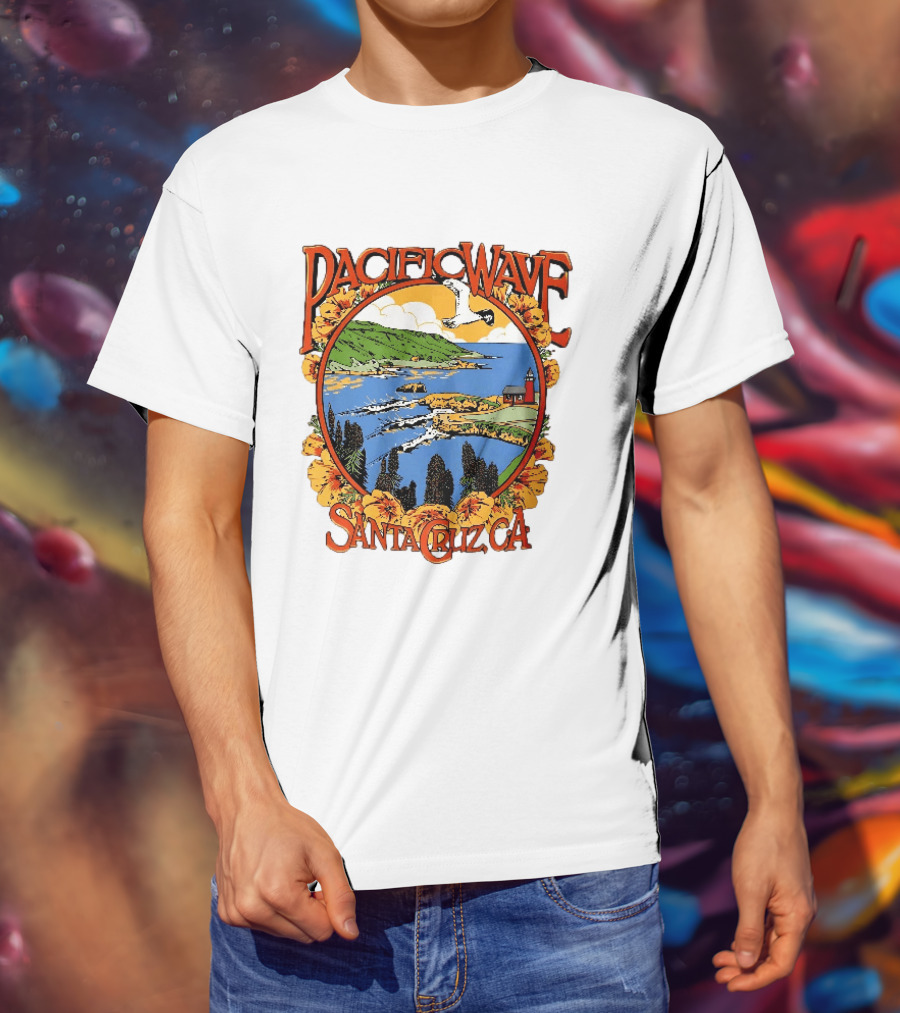 Pacific Wave Santa Cruz CA Coastal Lighthouse Ocean Seagull Flowers Scenic T-Shirt