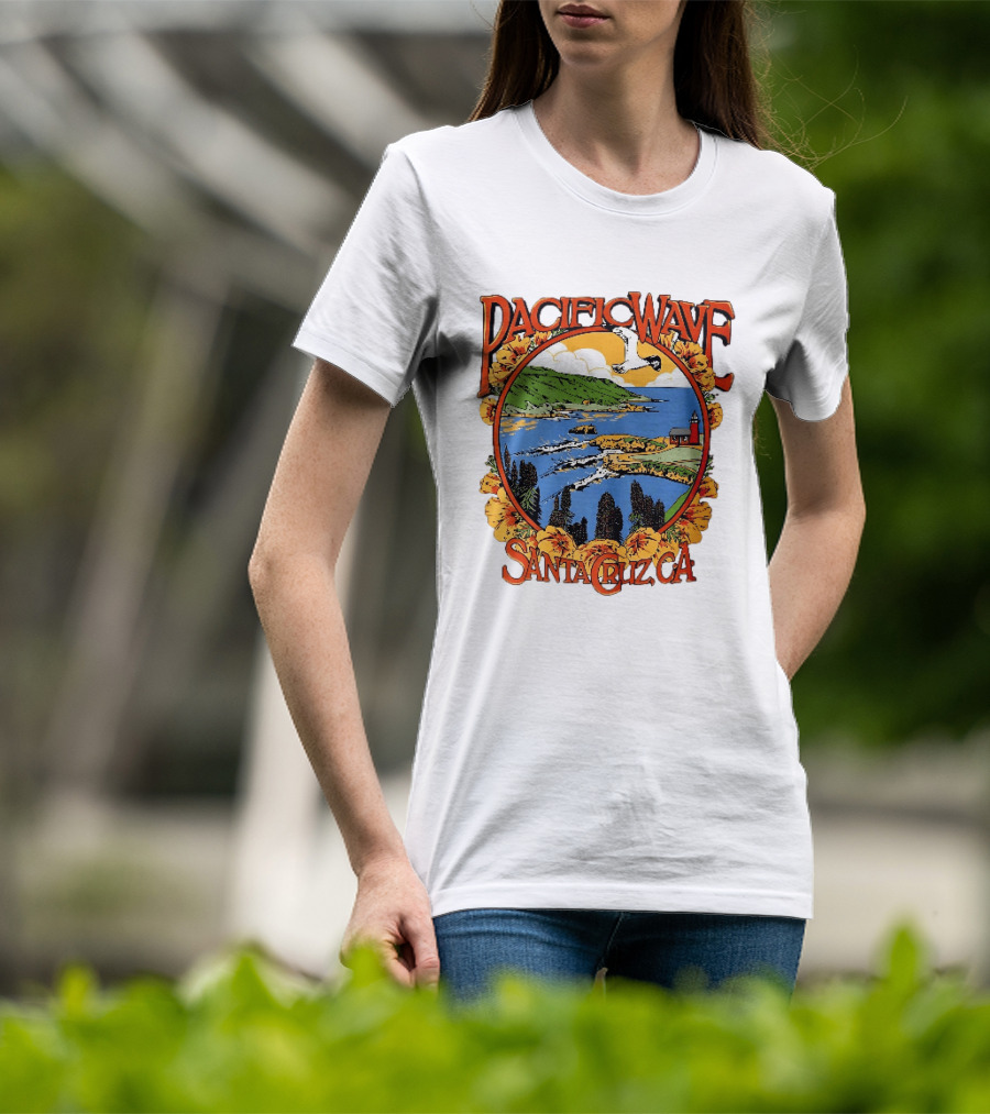 Pacific Wave Santa Cruz CA Coastal Lighthouse Ocean Seagull Flowers Scenic T-Shirt