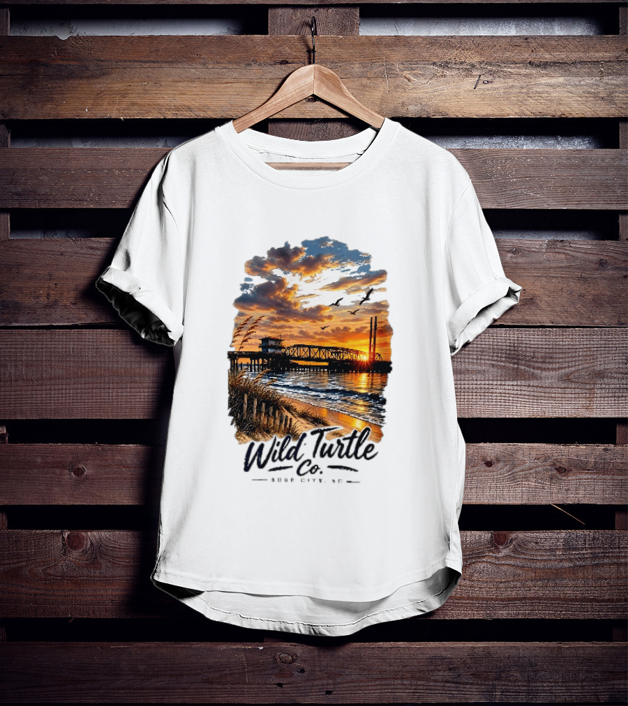 Wild Turtle Co Surf City NC Beach Dunes Pier Sunset Flying Birds T-Shirt