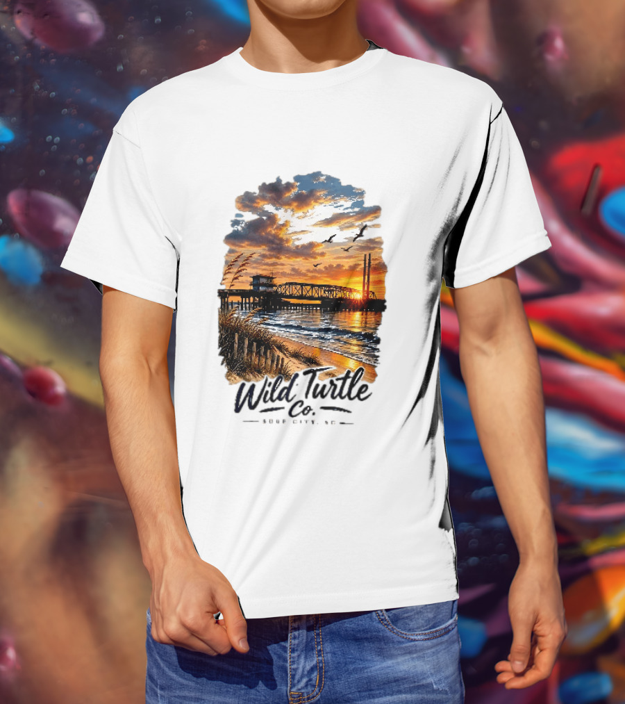 Wild Turtle Co Surf City NC Beach Dunes Pier Sunset Flying Birds T-Shirt