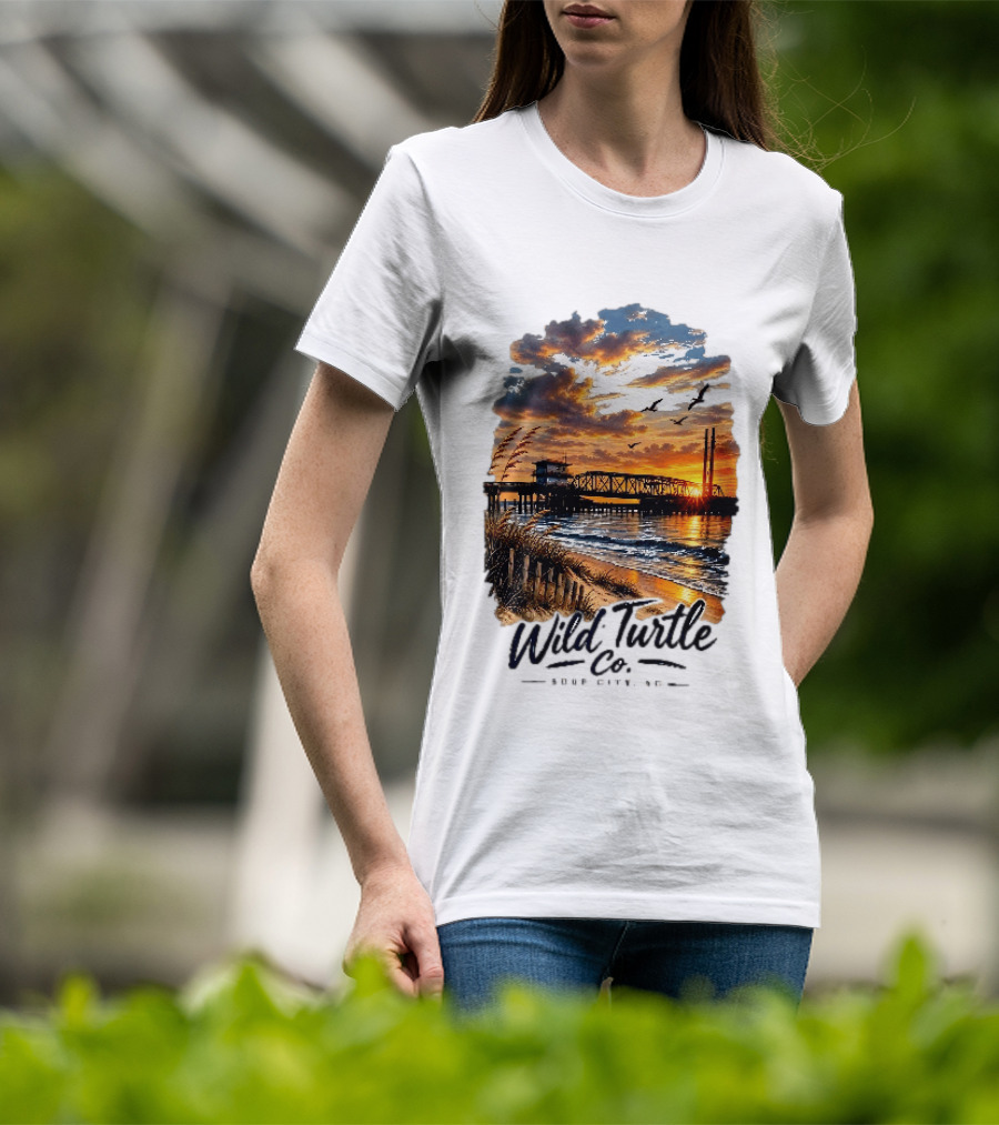 Wild Turtle Co Surf City NC Beach Dunes Pier Sunset Flying Birds T-Shirt