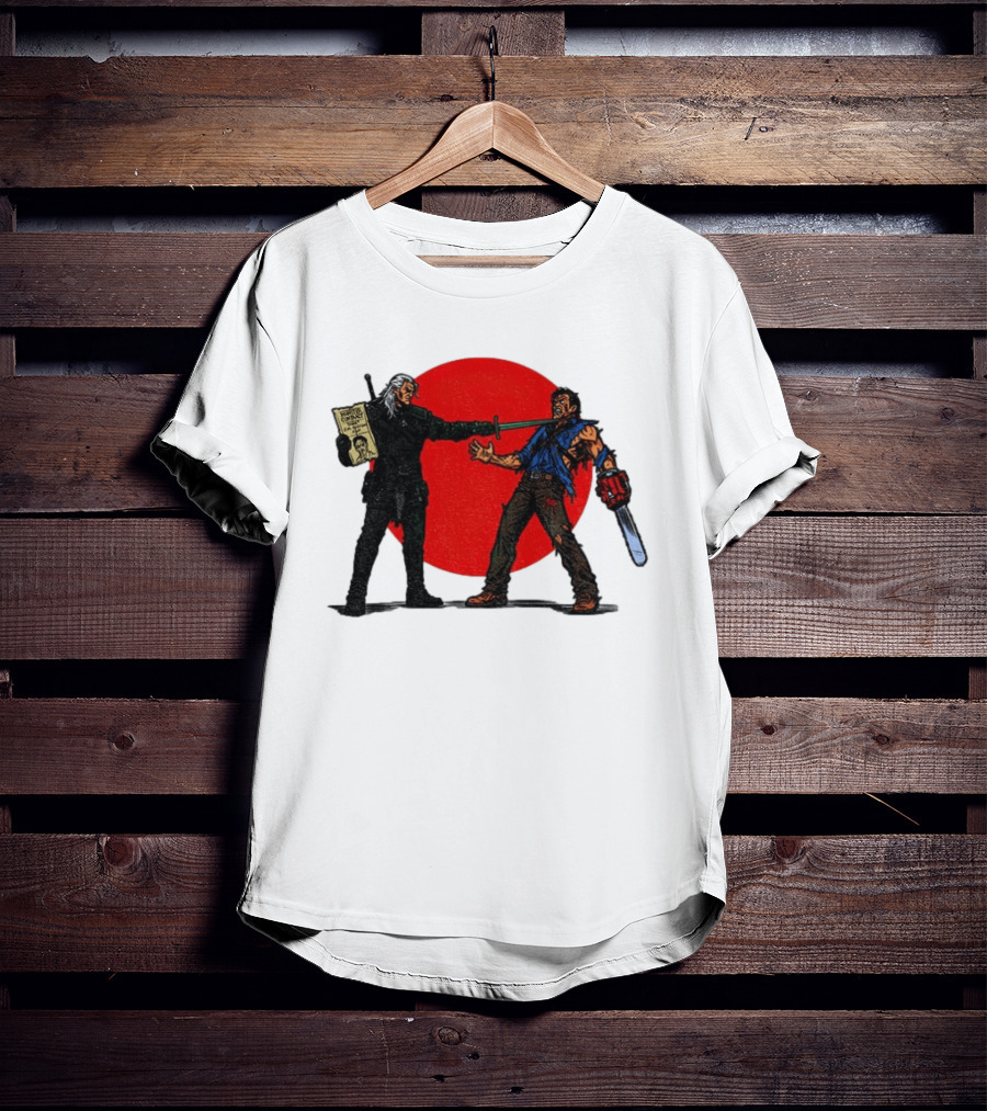 Geralt Vs Ash Evil Dead Or Alive Red Circle Showdown T-Shirt