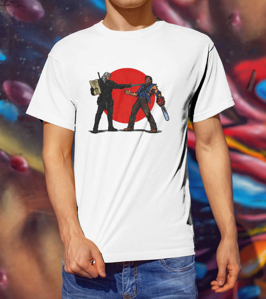 Geralt Vs Ash Evil Dead Or Alive Red Circle Showdown T-Shirt