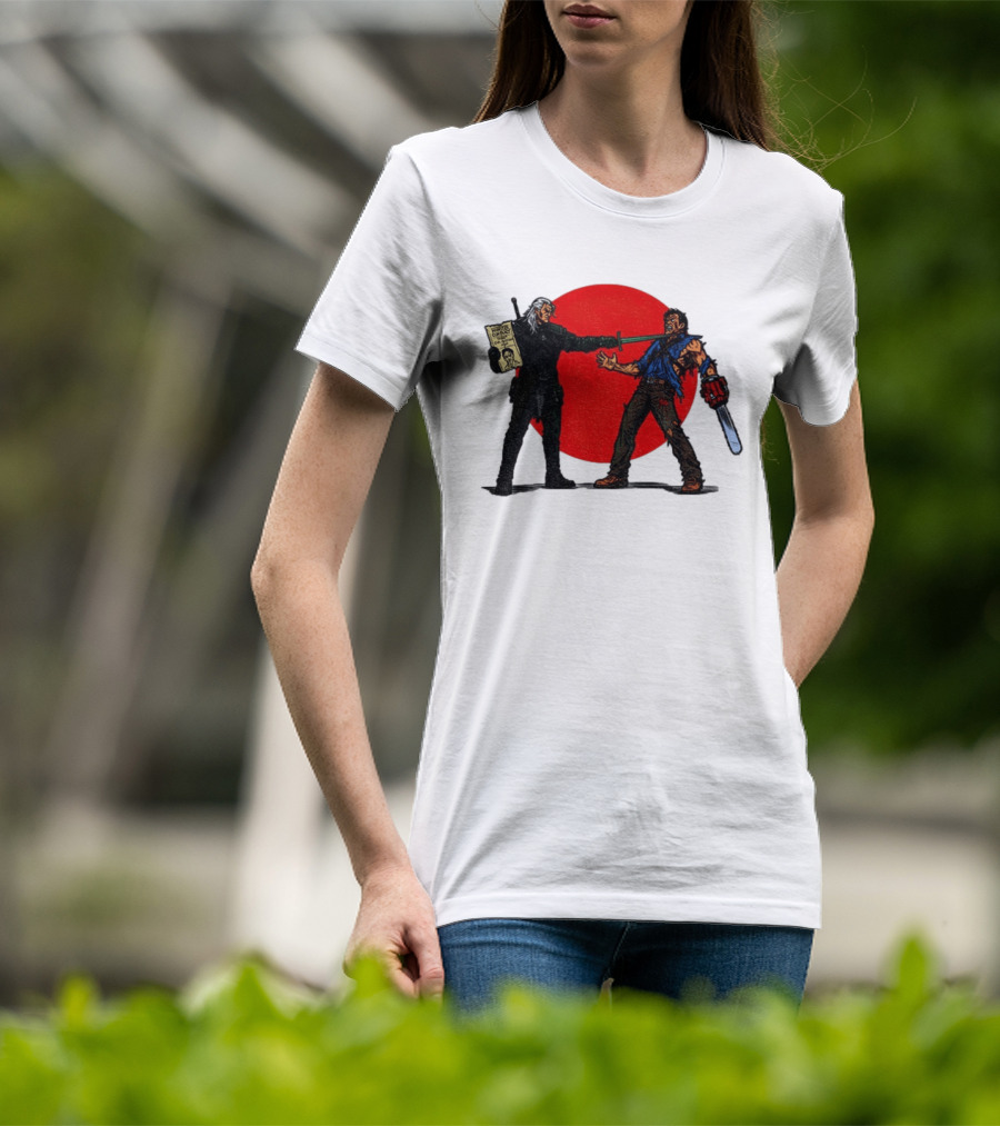 Geralt Vs Ash Evil Dead Or Alive Red Circle Showdown T-Shirt