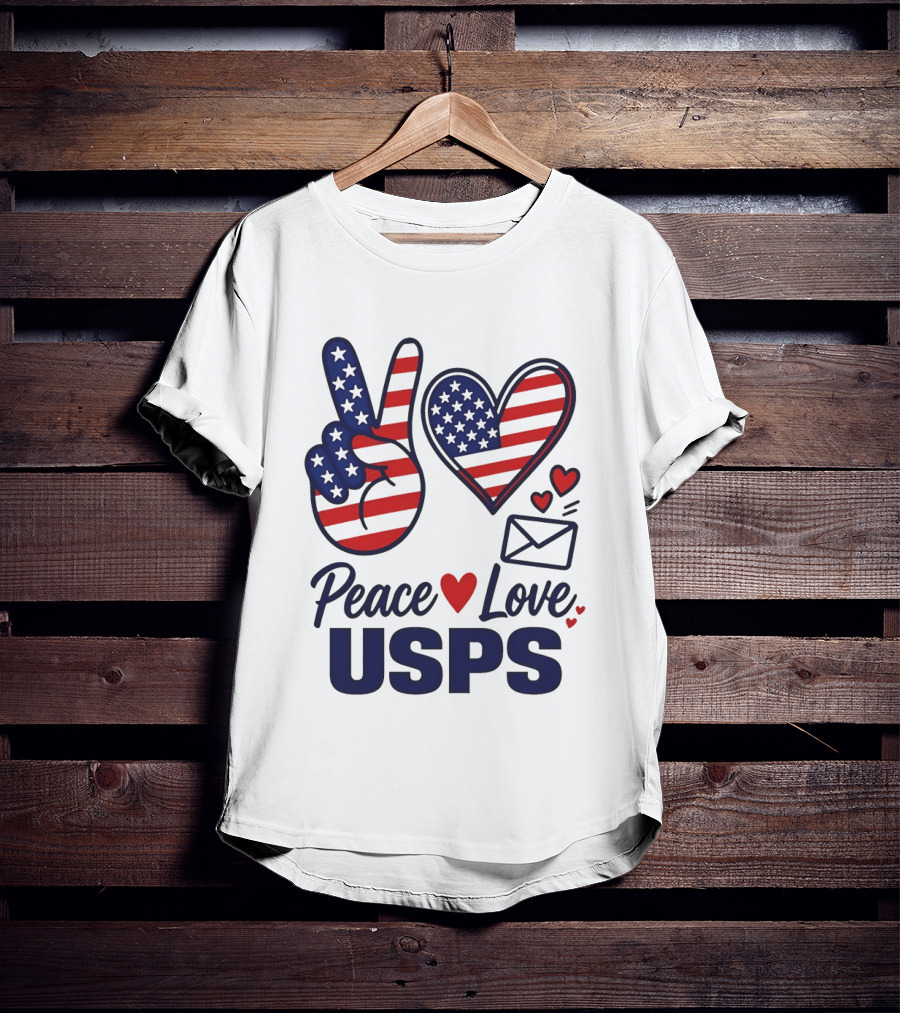 Peace Love USPS American Flag Heart And Mail T-Shirt