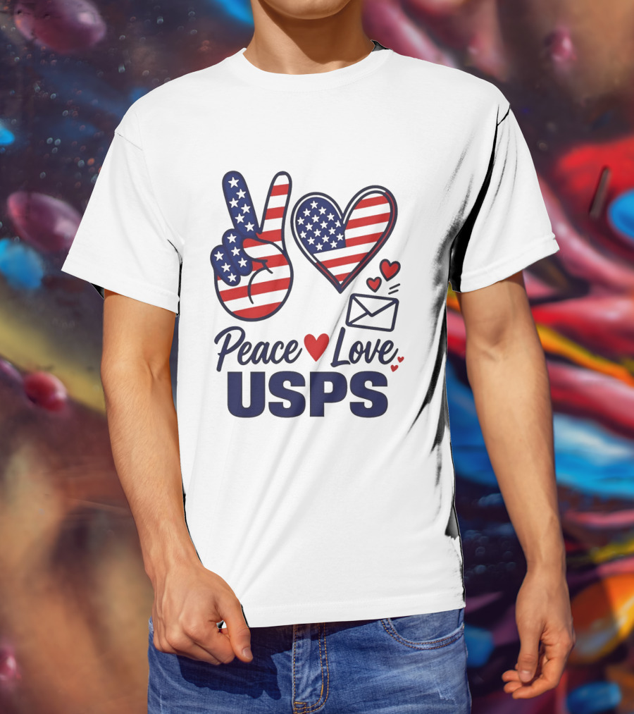 Peace Love USPS American Flag Heart And Mail T-Shirt