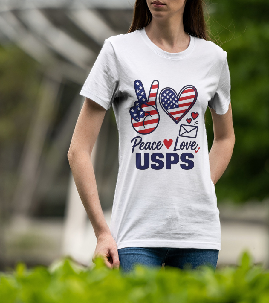 Peace Love USPS American Flag Heart And Mail T-Shirt
