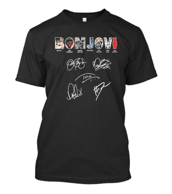 Bon Jovi Albums Cast Signatures Rock Band New Jersey Greatest Hits T-Shirt