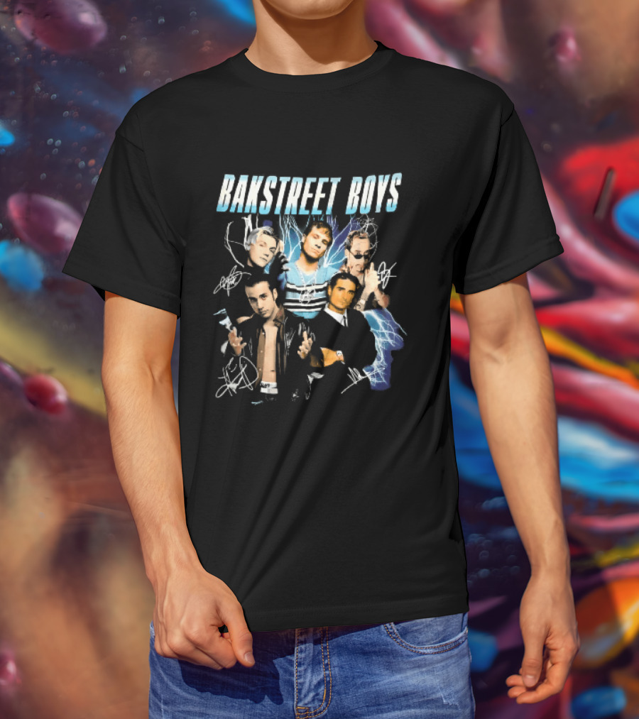 Bakstreet Boys Band Collage Lightning Autographs Bootleg T-Shirt