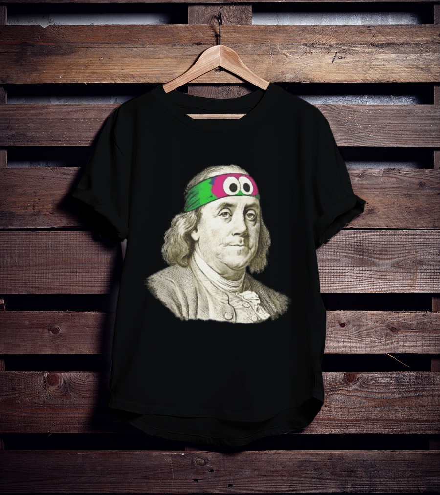 Benjamin Franklin Cartoon With Colorful Ninja Headband And Googly Eyes T-Shirt