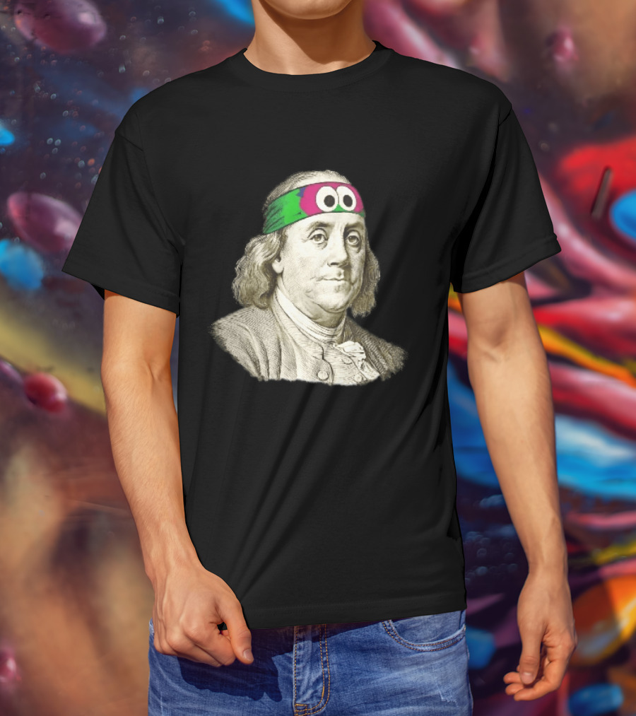 Benjamin Franklin Cartoon With Colorful Ninja Headband And Googly Eyes T-Shirt