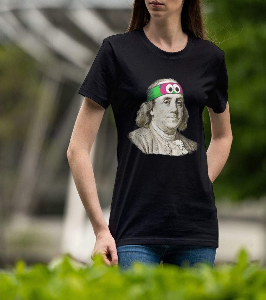 Benjamin Franklin Cartoon With Colorful Ninja Headband And Googly Eyes T-Shirt