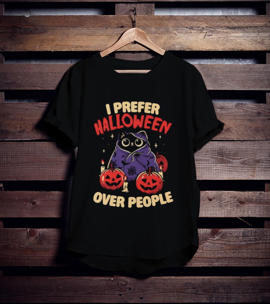 I Prefer Halloween Over People Black Cat Pumpkin Candles T-Shirt