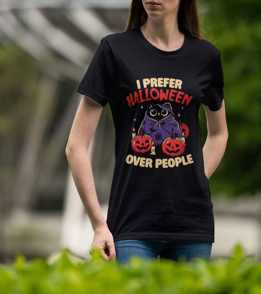 I Prefer Halloween Over People Black Cat Pumpkin Candles T-Shirt