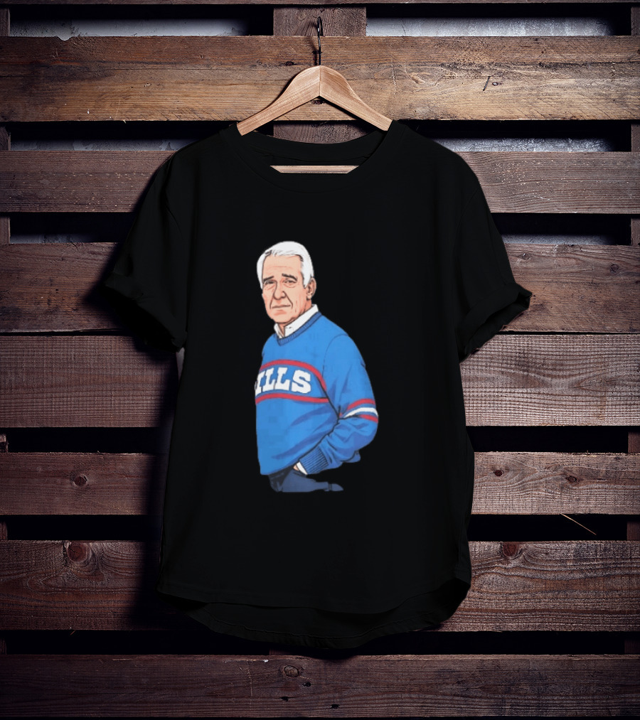 Buffalo Bills Coach Marv Levy Caricature In Blue Sweater With Team Name T-Shirt